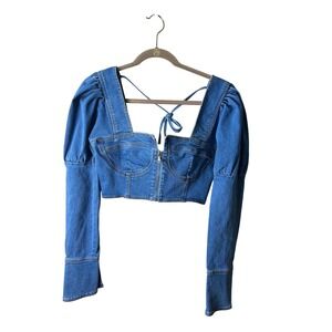 Nichole Lynel Denim Crop Top Long Sleeve Square Neck Tie‎ Back Party Clubwear M